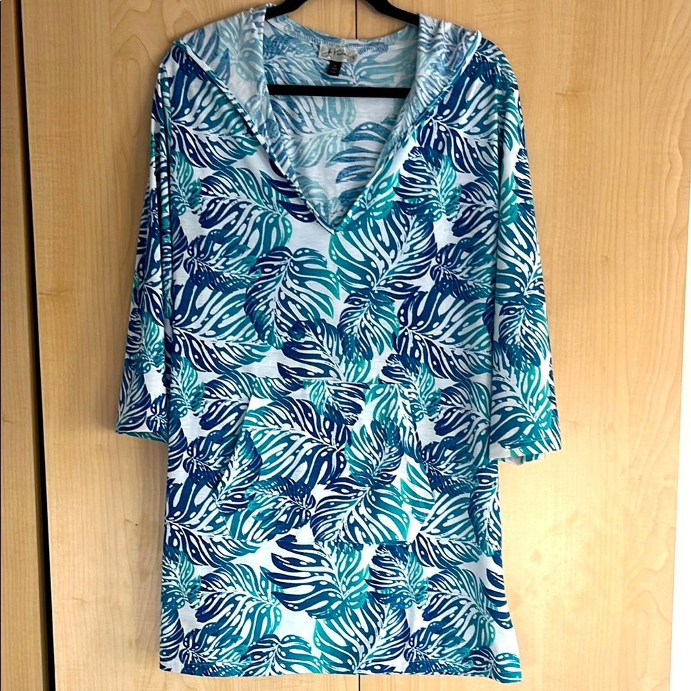 Blue and Green Swim Coverup with Tropical Print